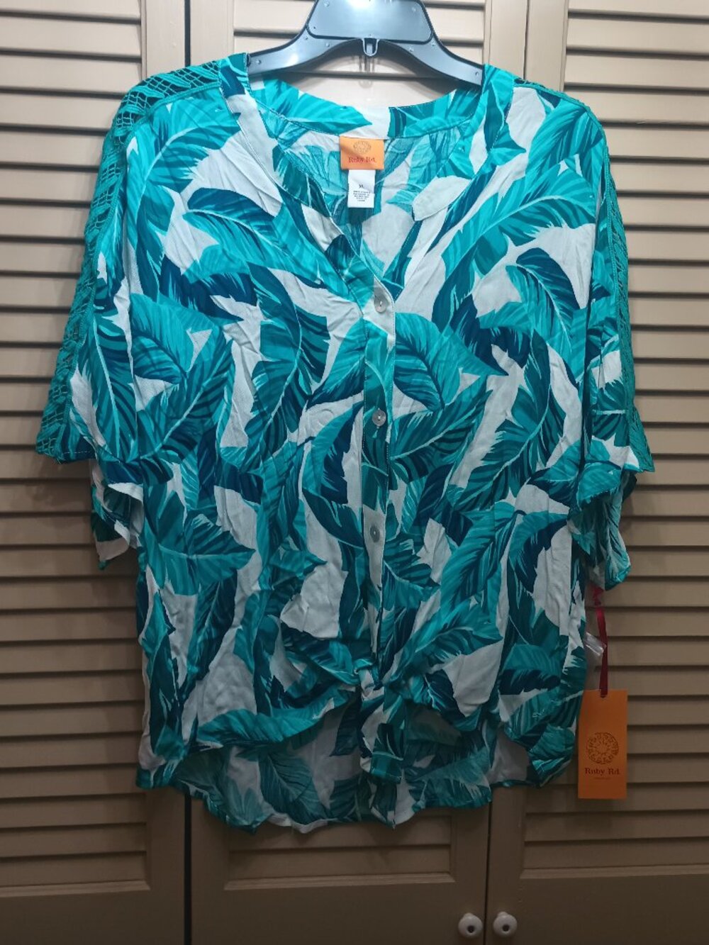 Ruby Rd Blue Feather Pattern 3/4 Mesh Sleeve Button Up Tie Front Top XL